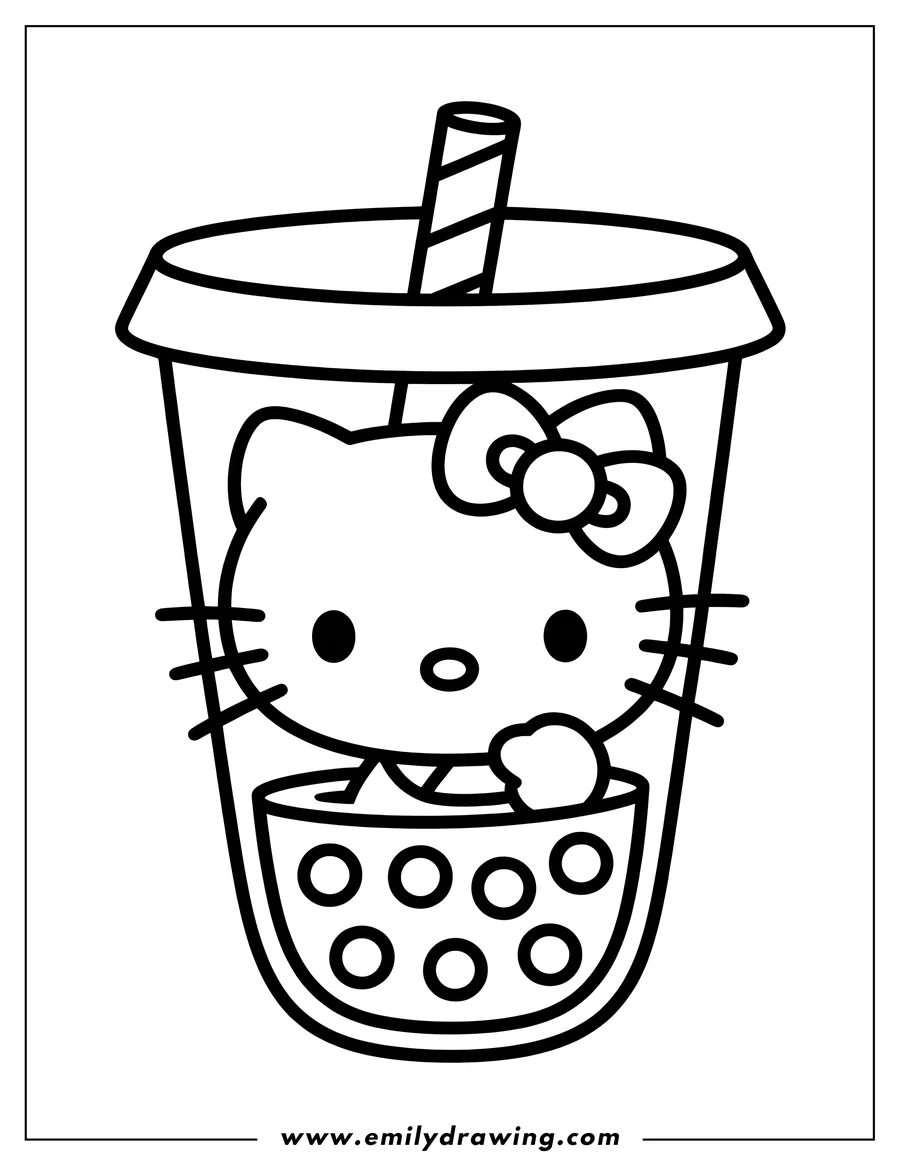 Line art of Hello Kitty submerged in a cup of boba tea, with only her head, ears, bow, and one paw visible above the tapioca pearls. A straw extends from the top of the cup.