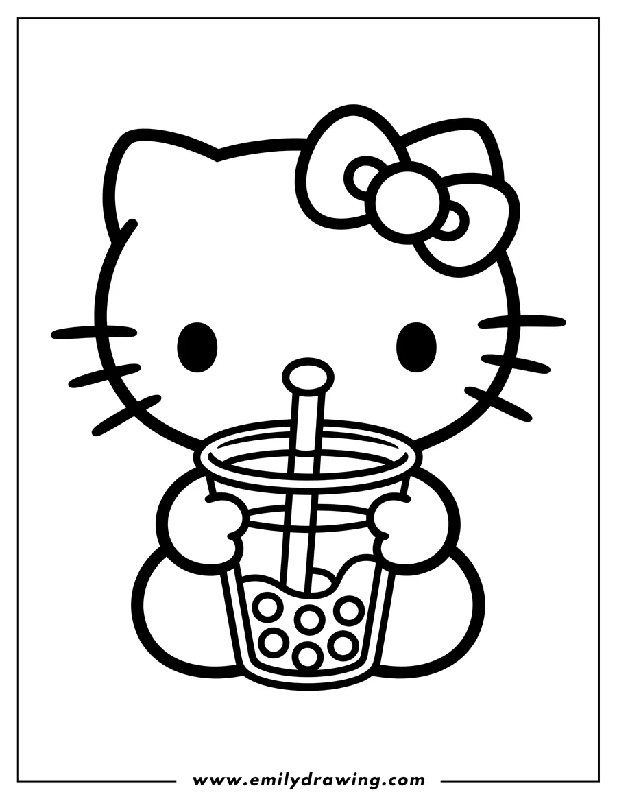 Line art of Hello Kitty sitting and holding a cup of boba tea with a straw and tapioca pearls.