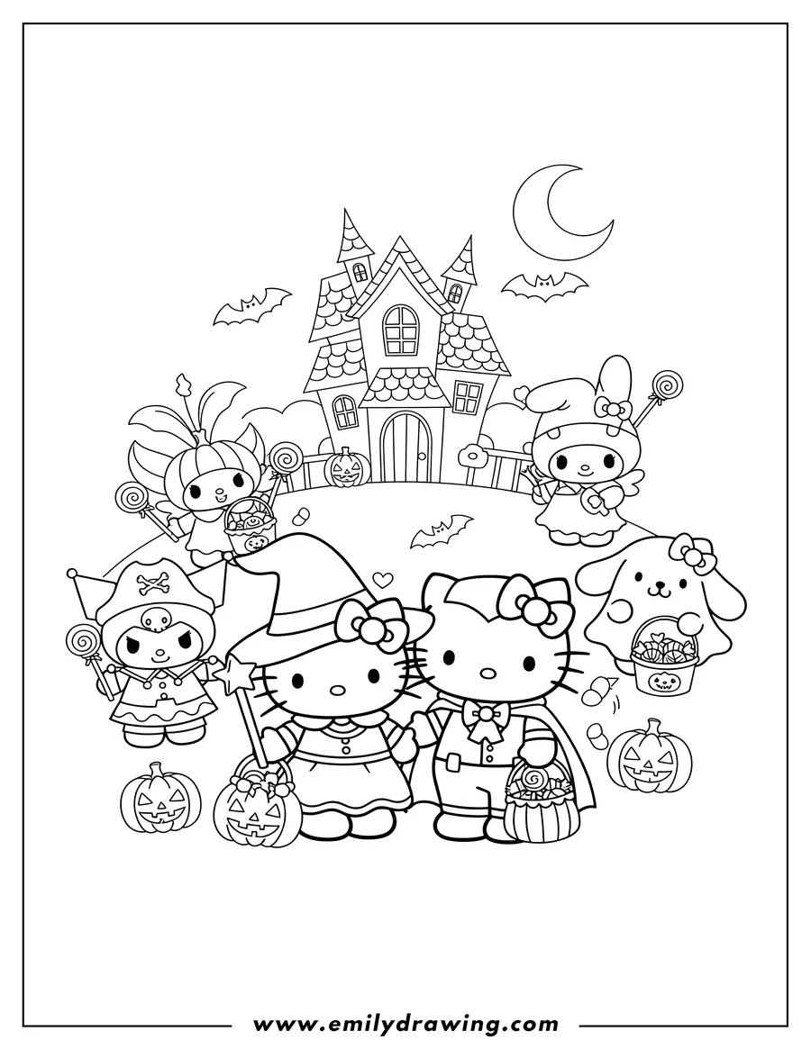 Clean line drawing: hello Kitty, Dear Daniel, and Sanrio Friends in Halloween costumes, trick-or-treating with wands and candy