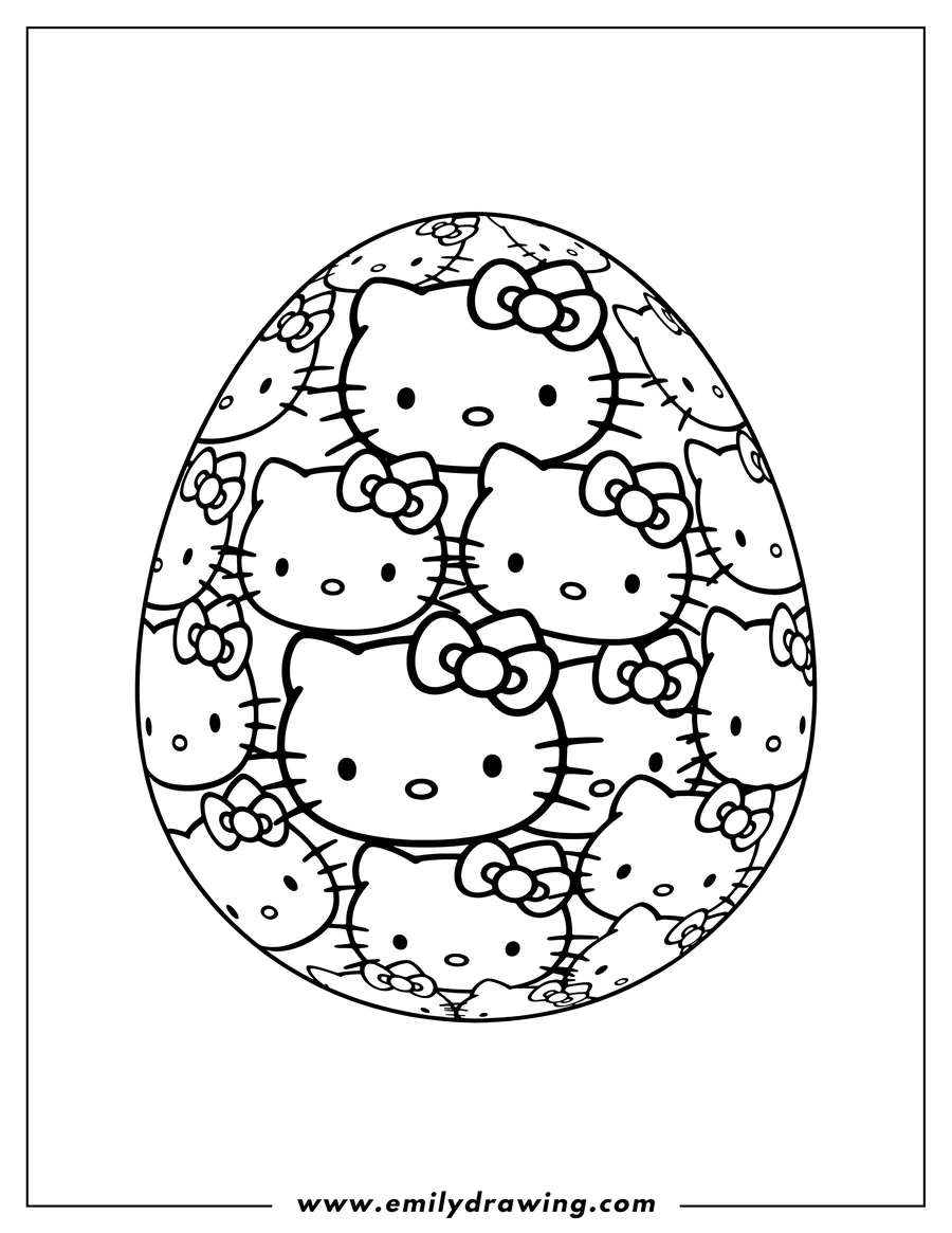 Full page coloring image of hello Kitty Easter egg covered in Hello Kitty faces with bows