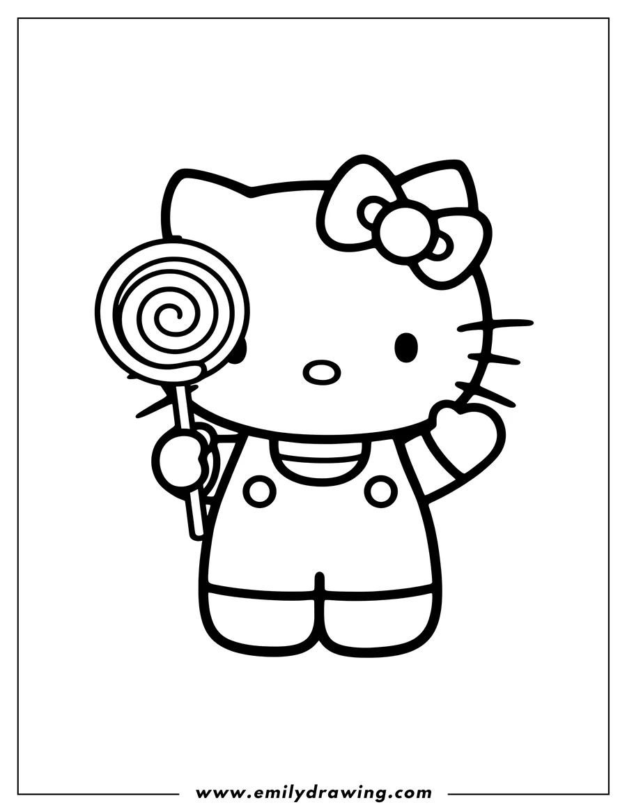 PDF style coloring page: hello Kitty holding a lollipop and wearing a bow