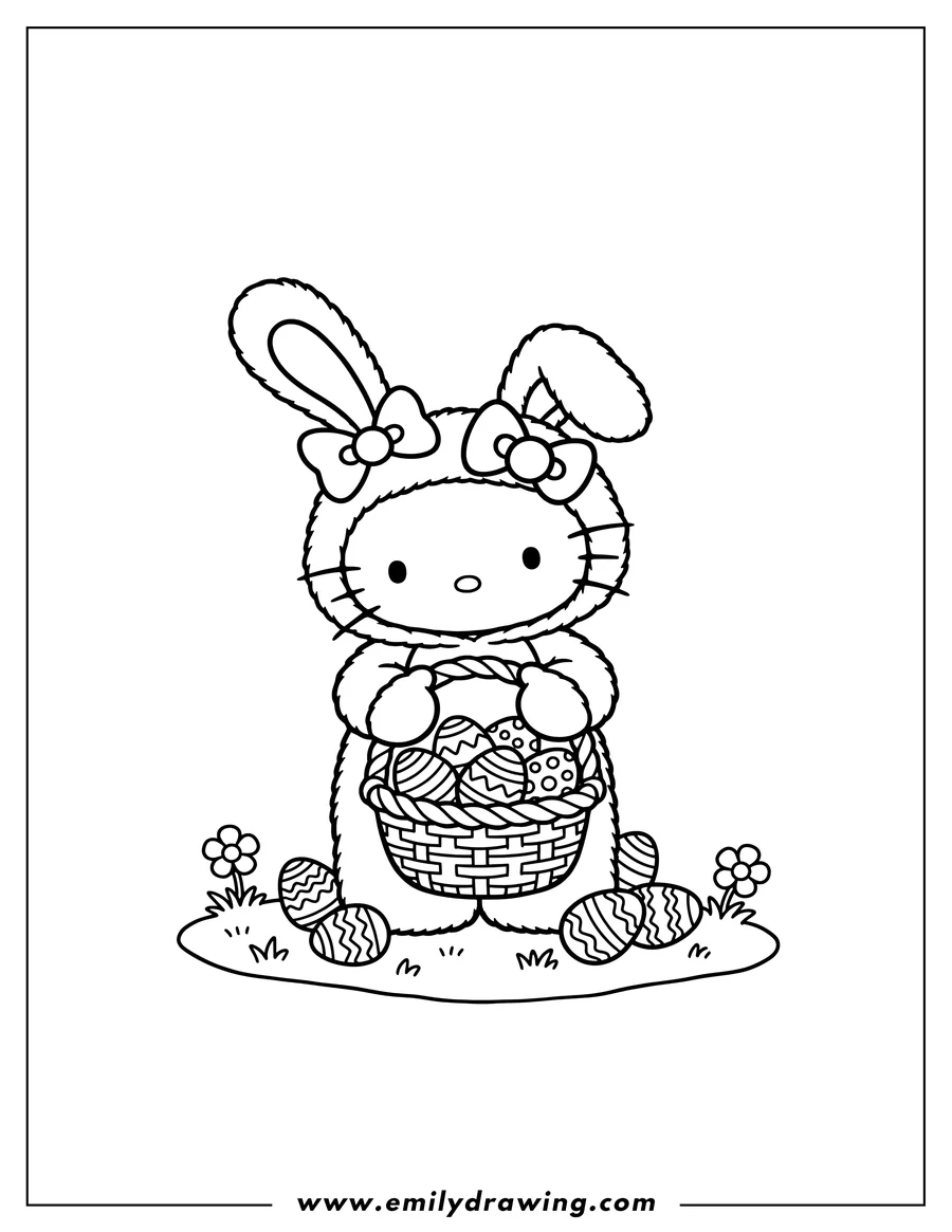 Downloadable coloring page of hello Kitty in a bunny costume with a bow, carrying an Easter basket filled with eggs