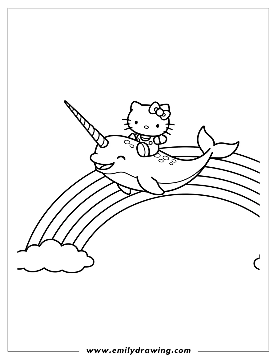 Doodle style coloring picture of hello Kitty sitting on a smiling narwhal with a horn, over a rainbow