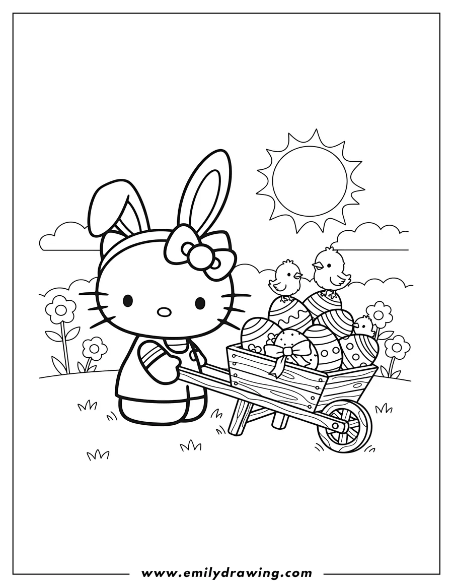 Outline drawing of hello Kitty wearing bunny ears, sitting and pulling a wheelbarrow filled with Easter eggs, with chicks