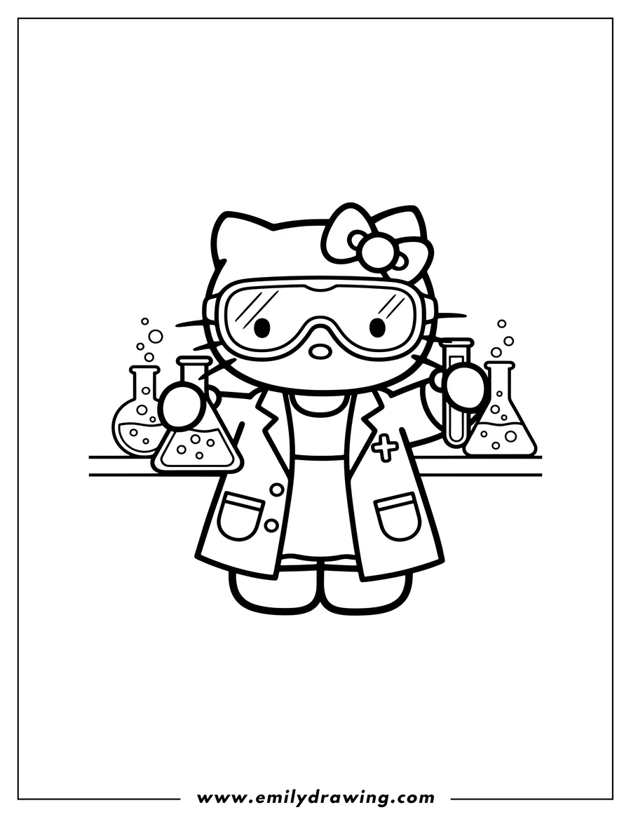 Free printable coloring sheet of hello Kitty wearing safety goggles and a laboratory coat, holding a flask and a test tube