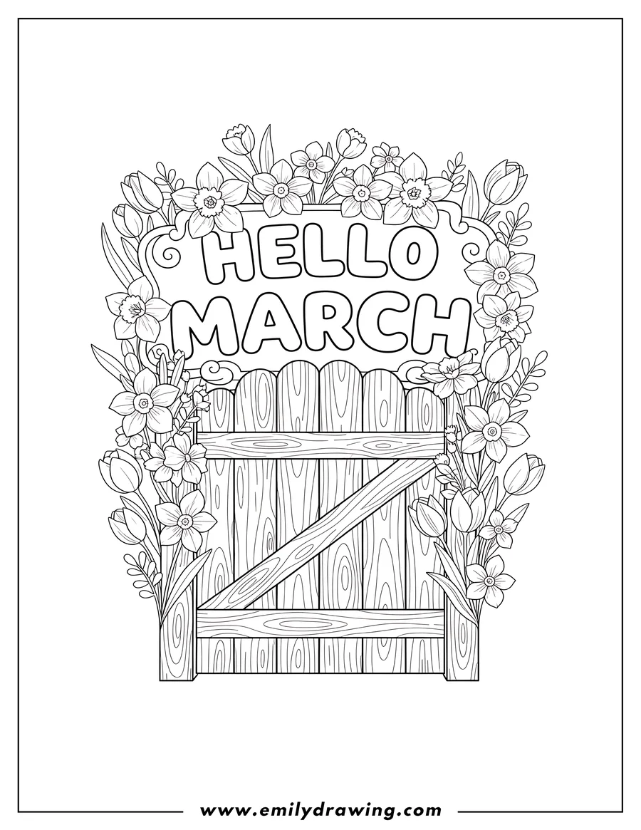 Outline of a wooden garden gate with the words 'HELLO MARCH' above it, surrounded by daffodils and tulips.