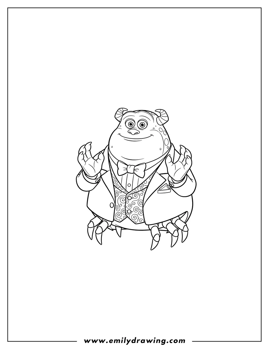 Downloadable coloring page of henry Watermoose Boss From Monsters Inc Scaled wearing a tuxedo and patterned waistcoat, with raised crab claws