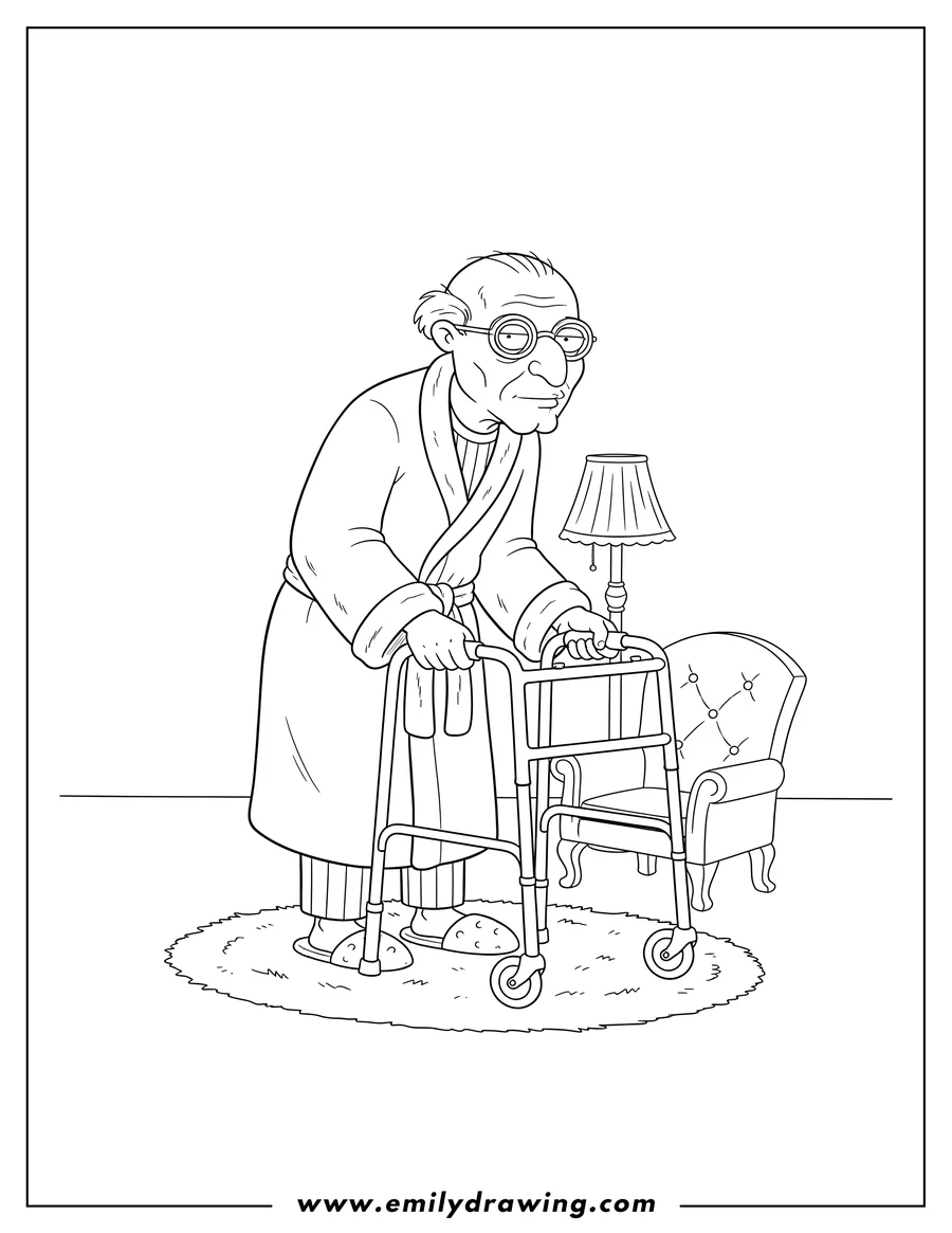 Coloring sheet featuring family Guy Herbert wearing a robe and using a walker