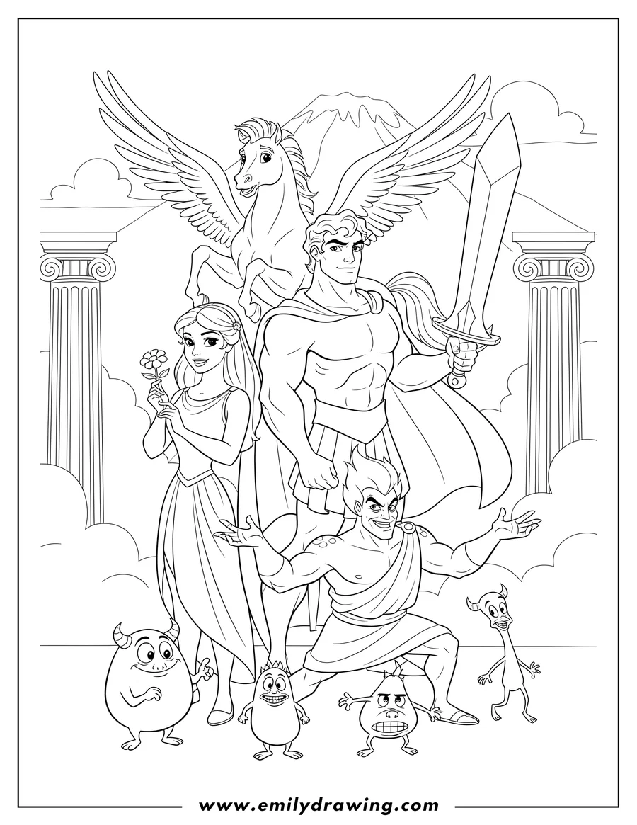 Vector style outline of hercules holding a sword, Megara holding a flower, Pegasus, Hades, and monster Pain and Panic