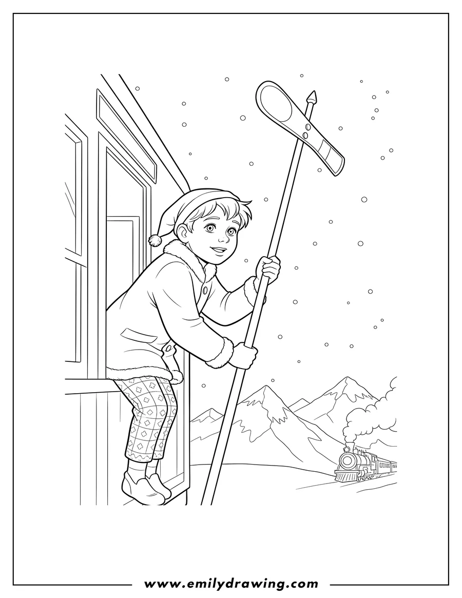 Linear illustration of hero Boy Peering Out Polar Express Train, holding a pole and looking over his shoulder
