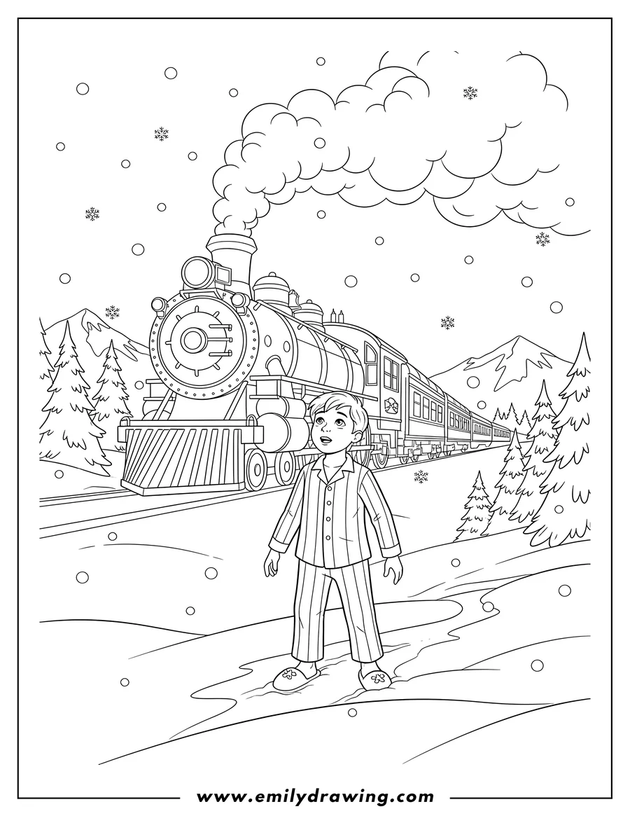 Coloring sheet featuring hero Boy in pajamas staring up at the smoking Polar Express in a snowy setting