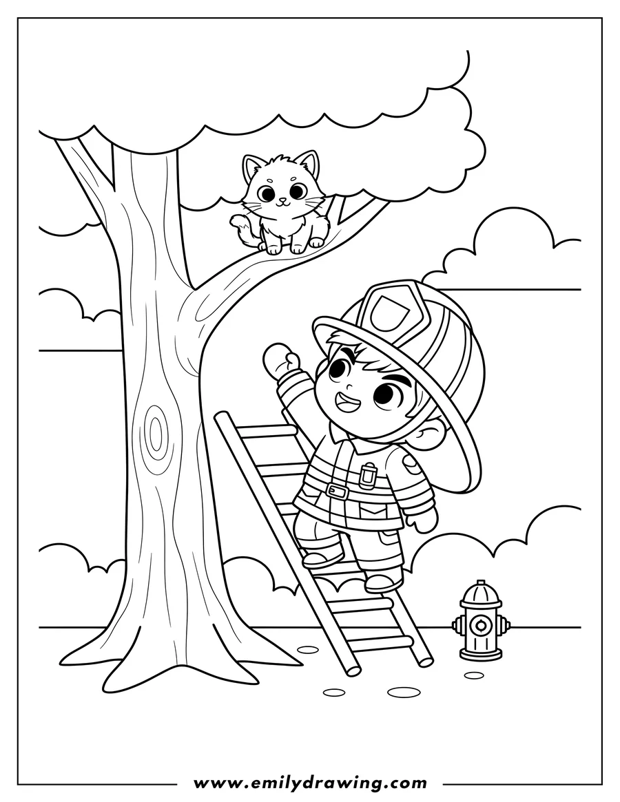 Full page coloring image of heroic Chibi Firefighter reaching up to save a kitten from a tree branch