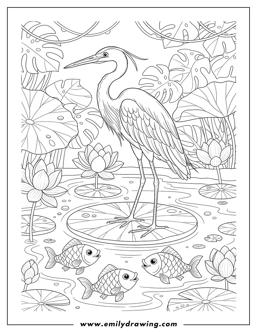 PDF style coloring page: heron