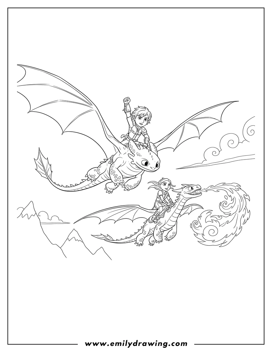 Vector style outline of how To Train Your Dragon Hiccup and Toothless flying with Hiccup's arm raised, and Astrid and Stormfly breathing fire