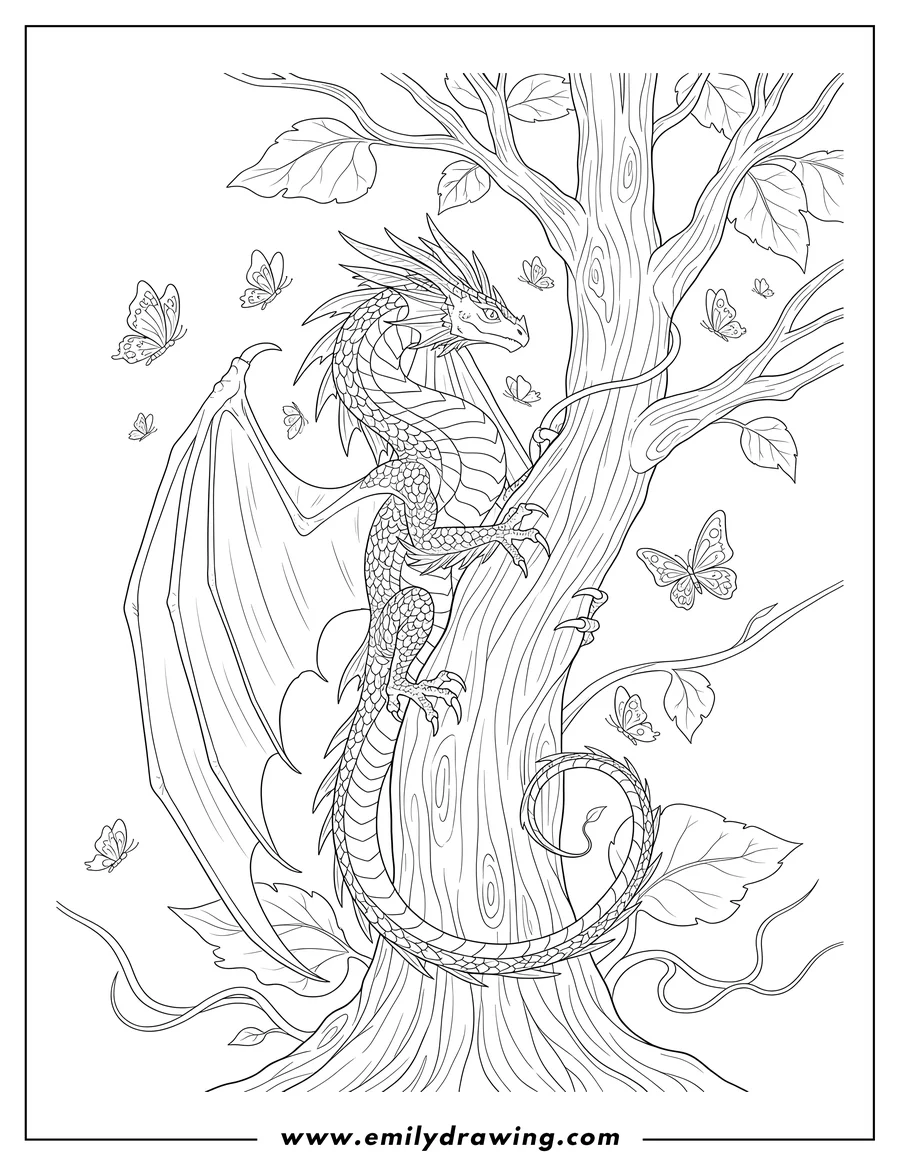 Outline drawing of wings Fire Hidden Kingdom dragon climbing trees with butterflies