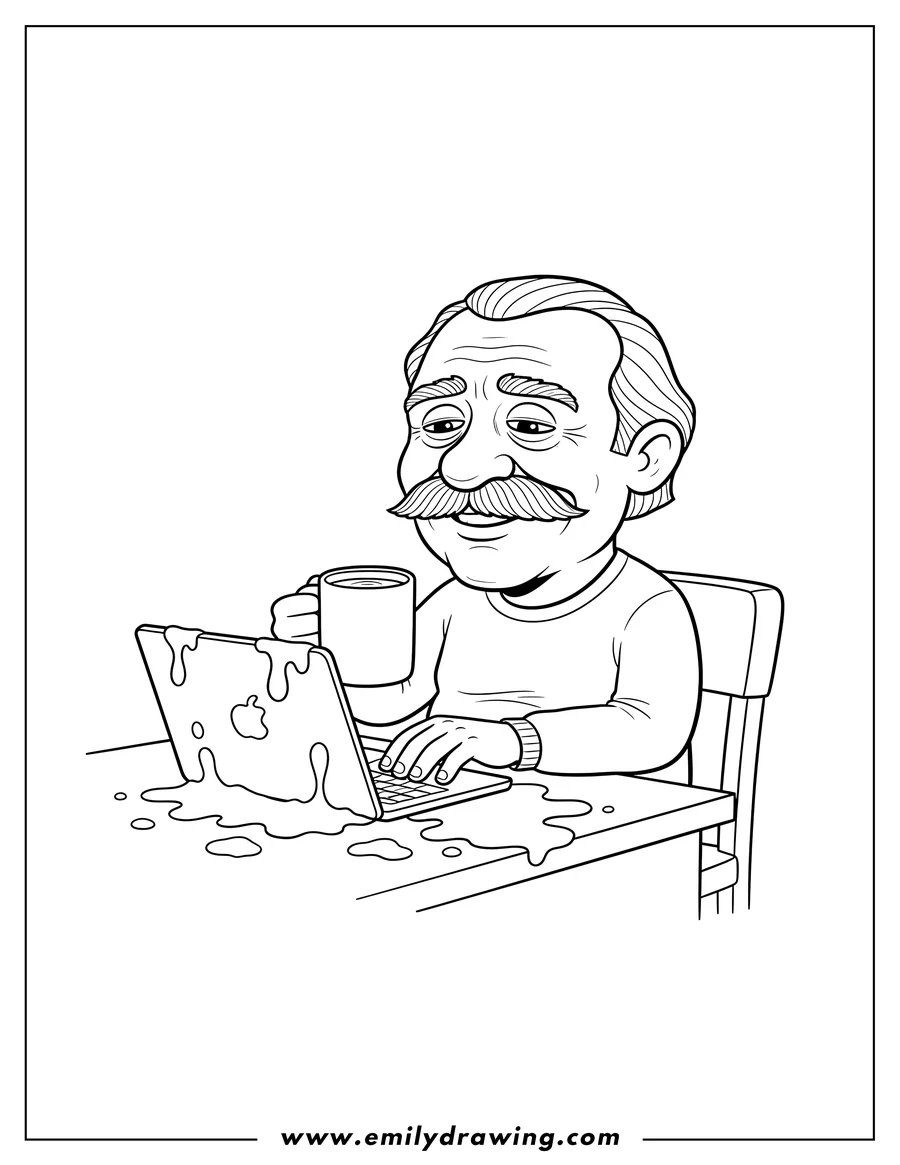 Black and white line art of hide Pain Harold Meme Scaled, holding a coffee mug, typing on a laptop, with spills on the desk