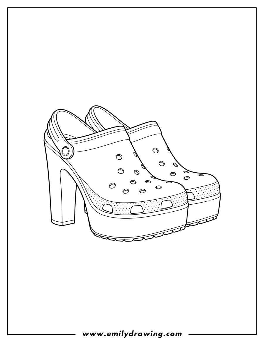 PDF style coloring page: A pair of high-heeled Crocs Madame Pumps Balanciaga with classic holes