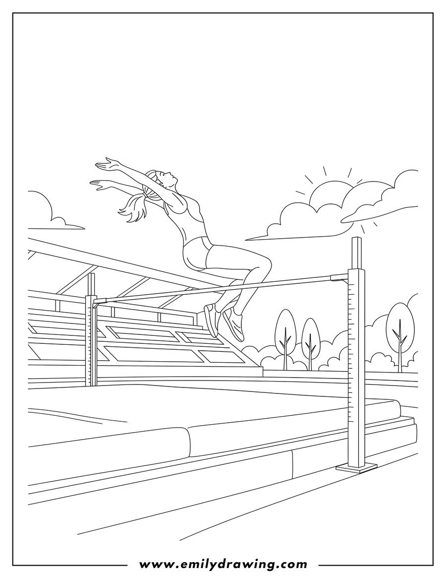 PDF style coloring page: high Jump Olympic Competition With Woman Arching Backward Over Horizontal Bar