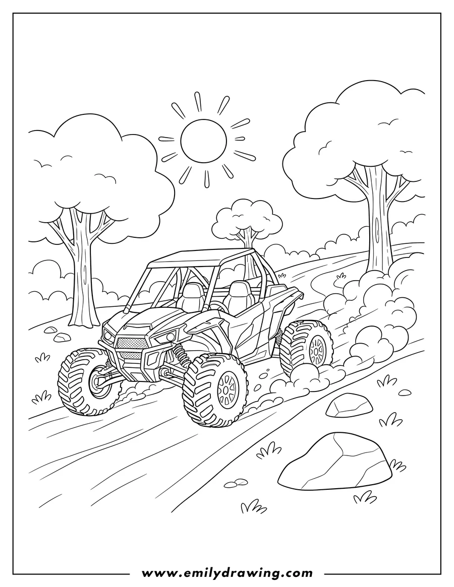 Full page coloring image of high Performance Side By Side Utv driving fast on a woodland path, kicking up dirt