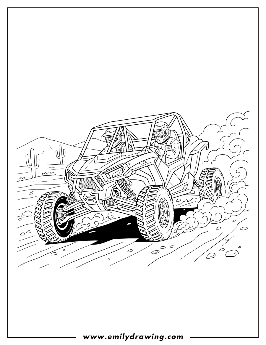 Outline drawing of high Speed Racing Utv With Two Helmeted Drivers Kicking Up Dust On Dirt Road
