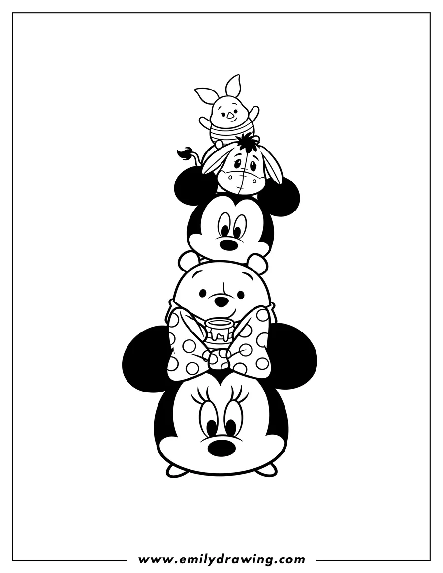 Linear illustration of high Stack Disney Tsum Tsum of Minnie Mouse, Winnie the Pooh, Mickey Mouse, Piglet, and Eeyore