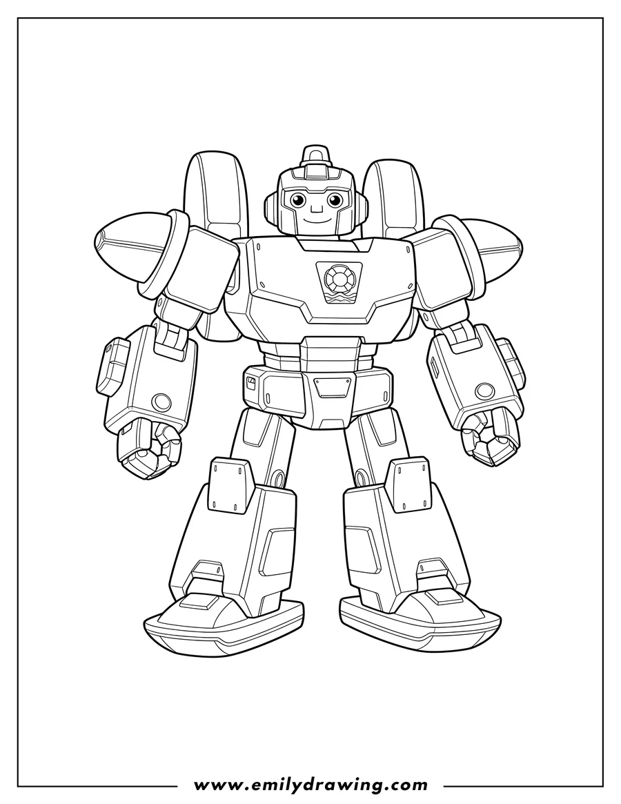 Free printable coloring sheet of high Tide Rescue Bot standing, facing forward