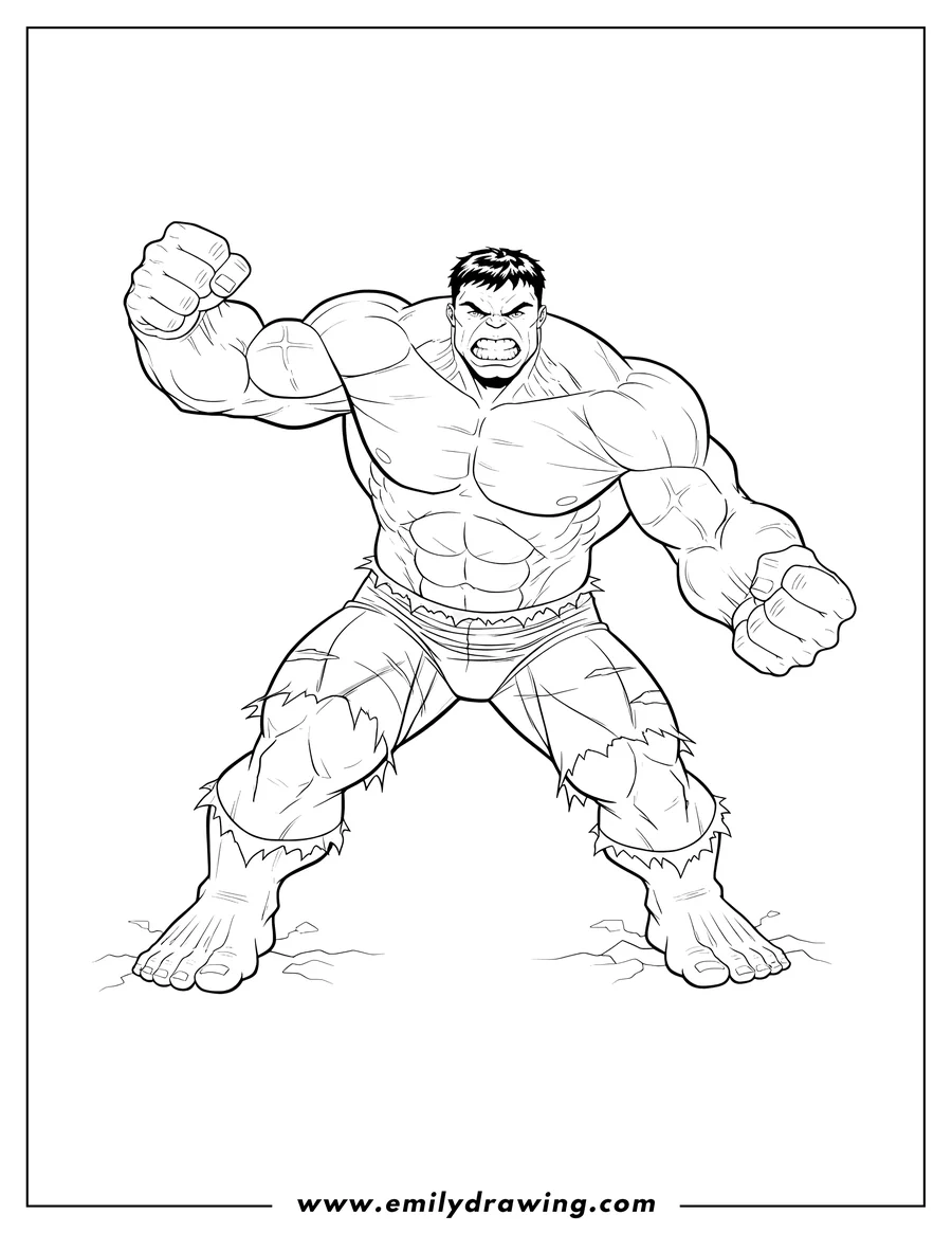 Free printable coloring sheet of highly Detailed Hulk, snarling and flexing in an aggressive pose with one fist raised and torn pants