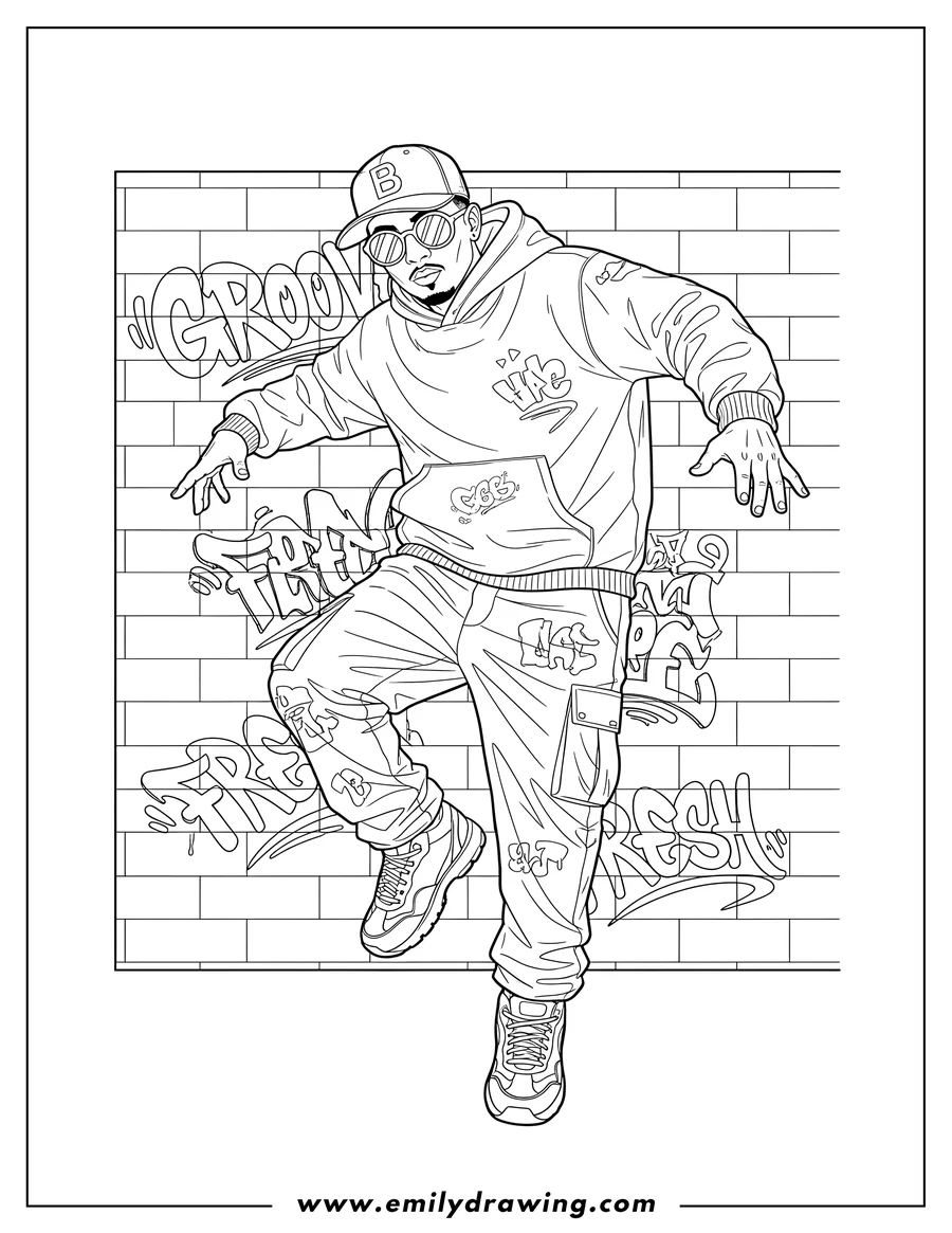 Printable coloring page of hip Hop Dancer Graffiti, male, wearing a backwards cap and sunglasses, striking a pose