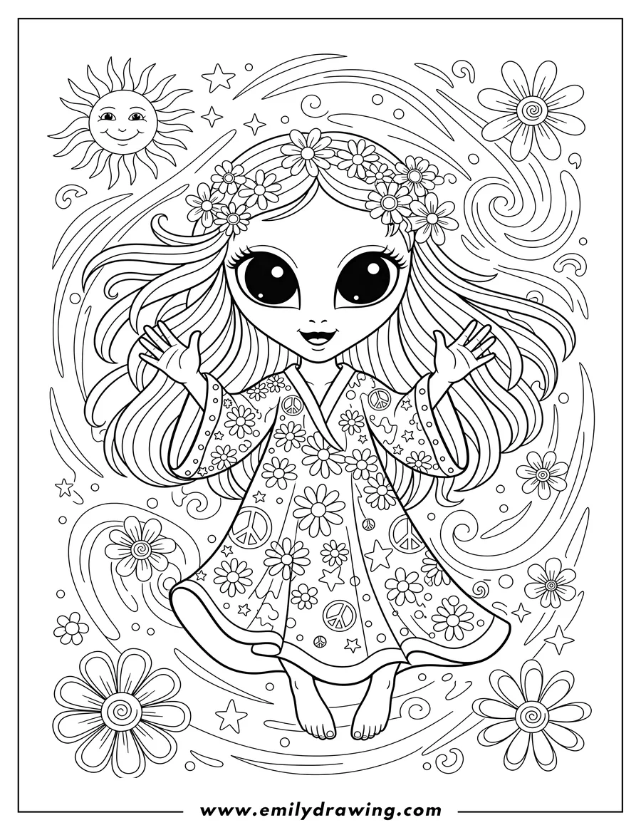 Vector style outline of lisa Frank Hippie big-eyed Alien in Space, with happy sun and flowers