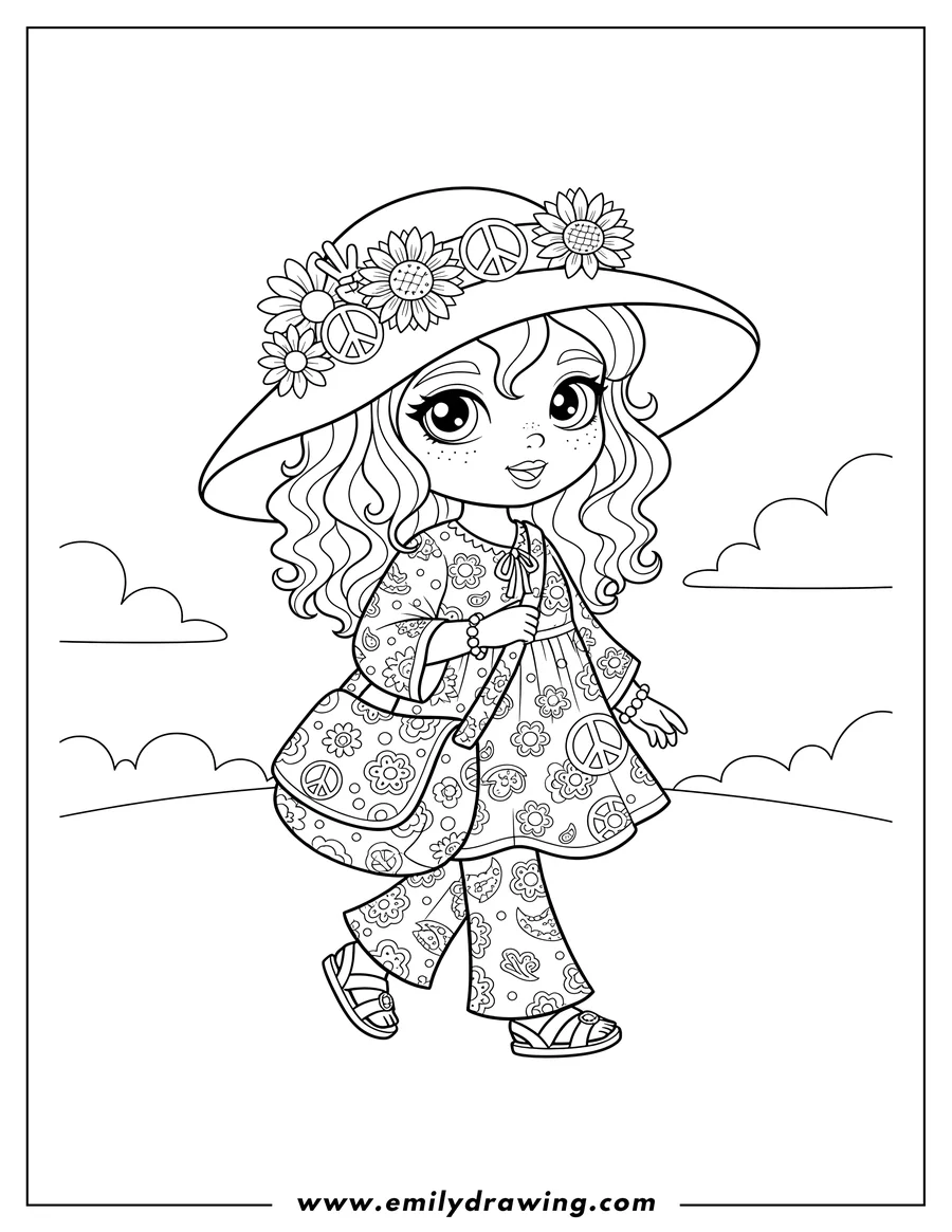 High quality printable hippie Chibi Girl With Floral Hat, walking and carrying a bag for coloring