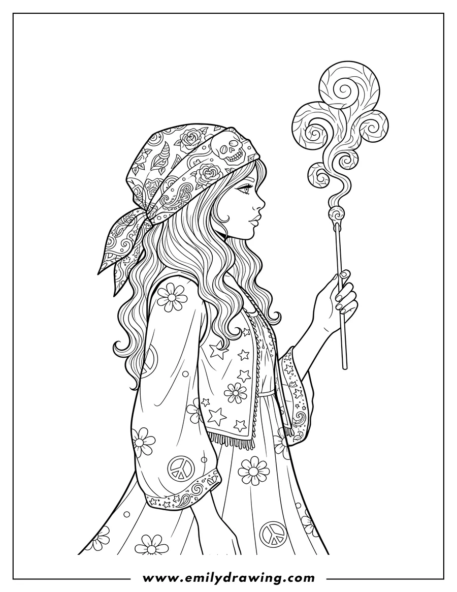 PDF style coloring page: hippie Girl in profile wearing a patterned headscarf with a rose and a skull, holding a thin candy stick with rising swirls, in a tattoo coloring page style