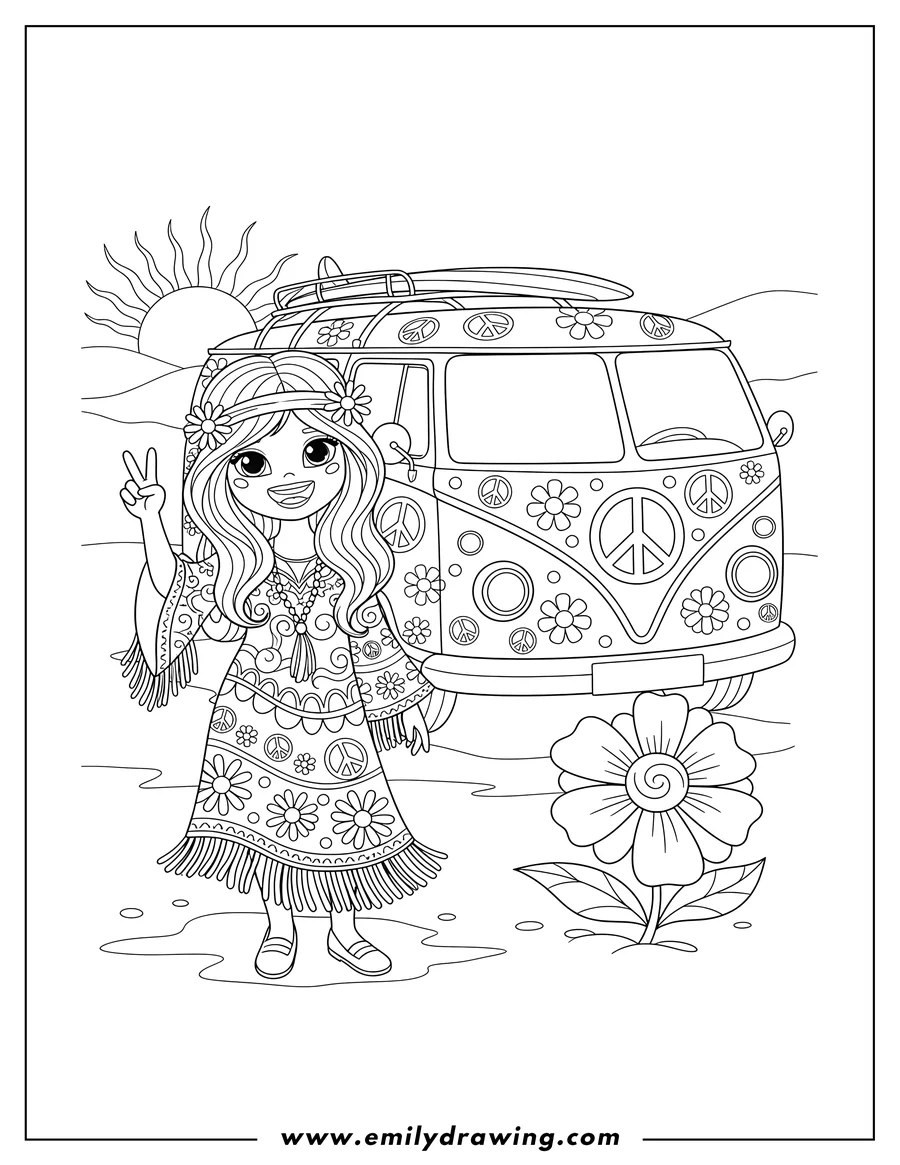 Free to print drawing of hippie Girl making a peace sign next to a flower and peace symbol-decorated Volkswagen Bus