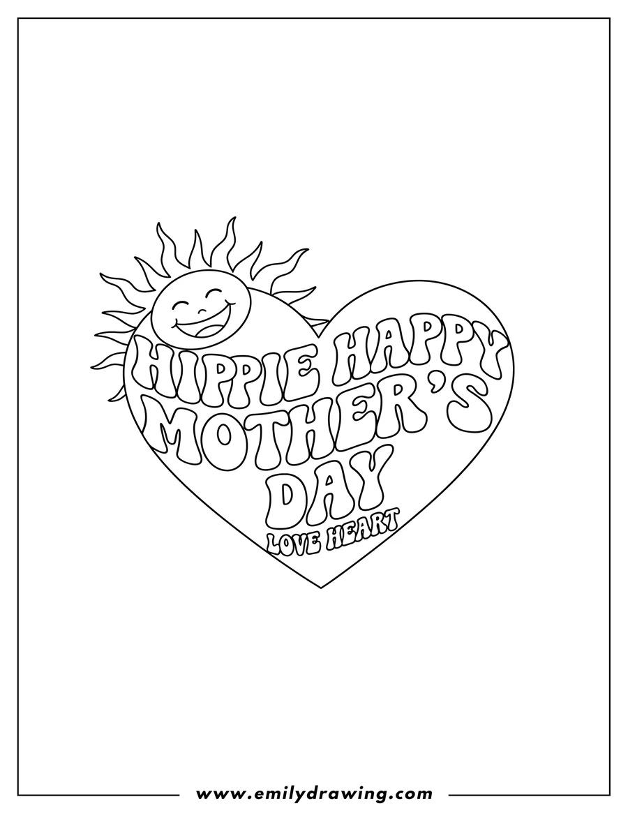 Downloadable coloring page of hippie Happy Mother S Day Words Inside Love Heart, with a smiling sun peeking out and radiating wavy lines