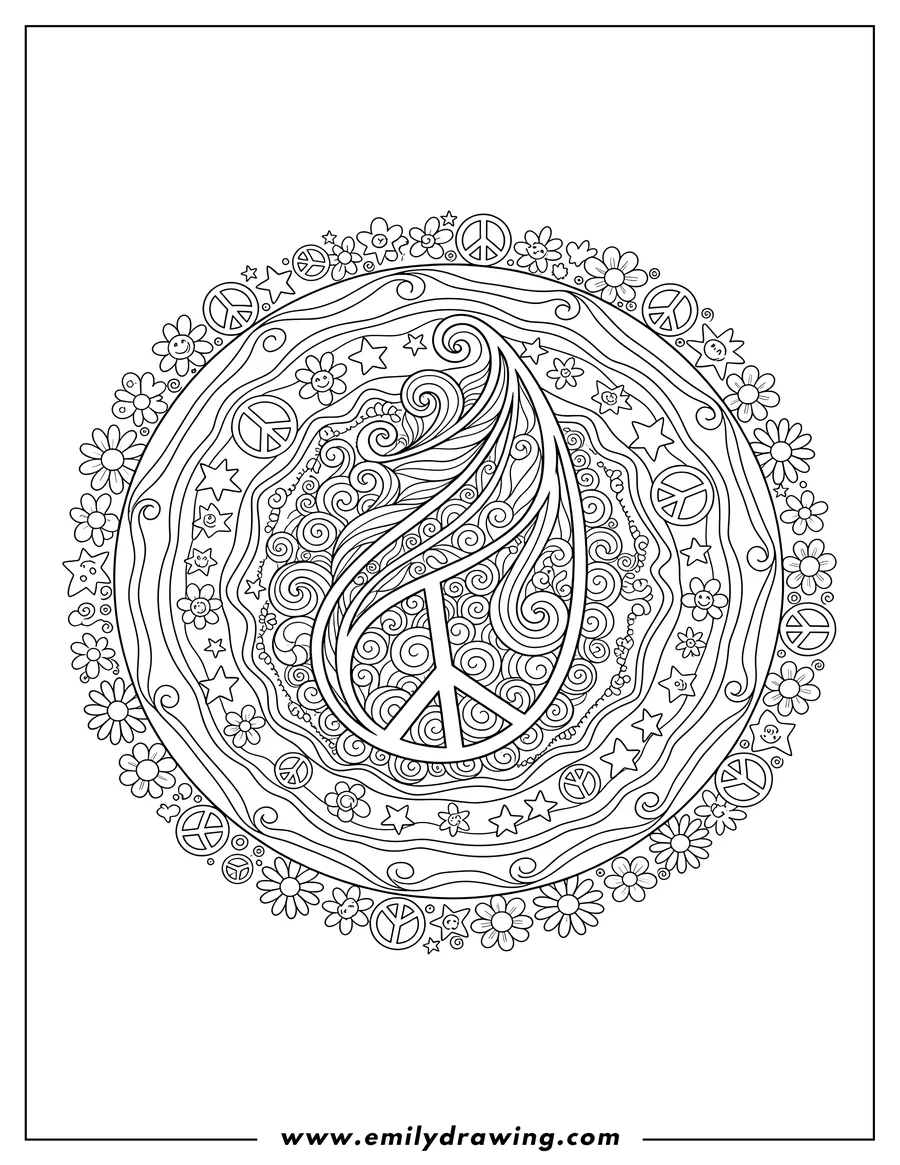 Simple sketch of hippie Mandala with a central ornate flowing form, radiating lines, and stars to color