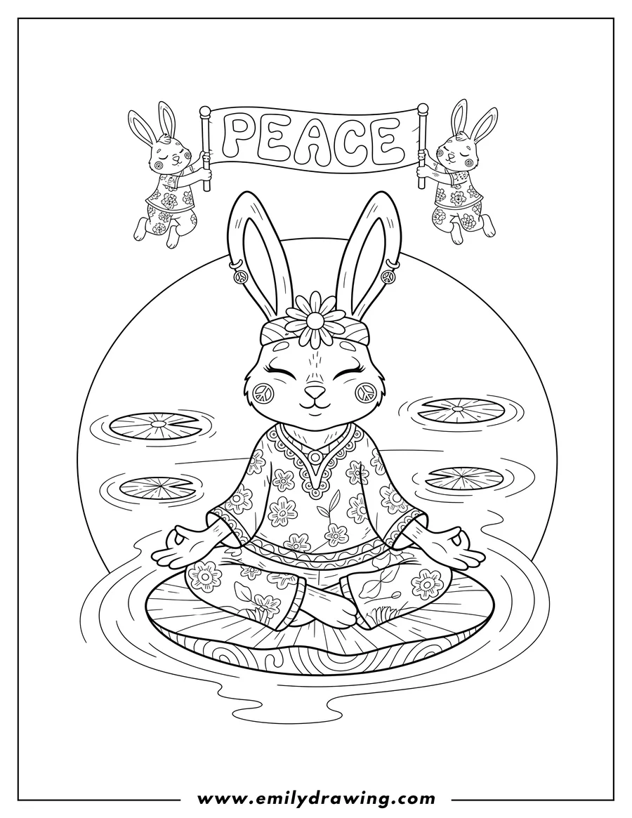 Outline drawing of hippie rabbit meditating on a lily pad, with smaller rabbits holding a peace banner above