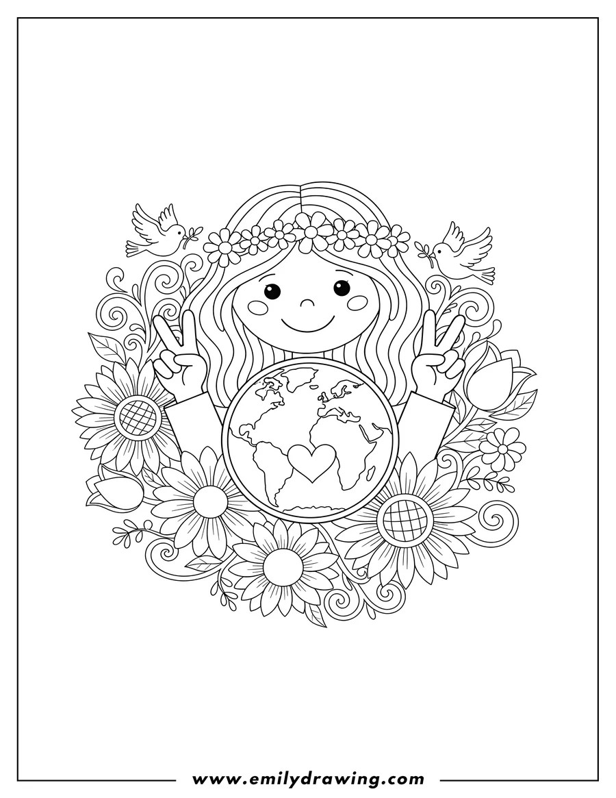 Outline drawing of hippie Visualize World Peace Sign with Earth and flowers