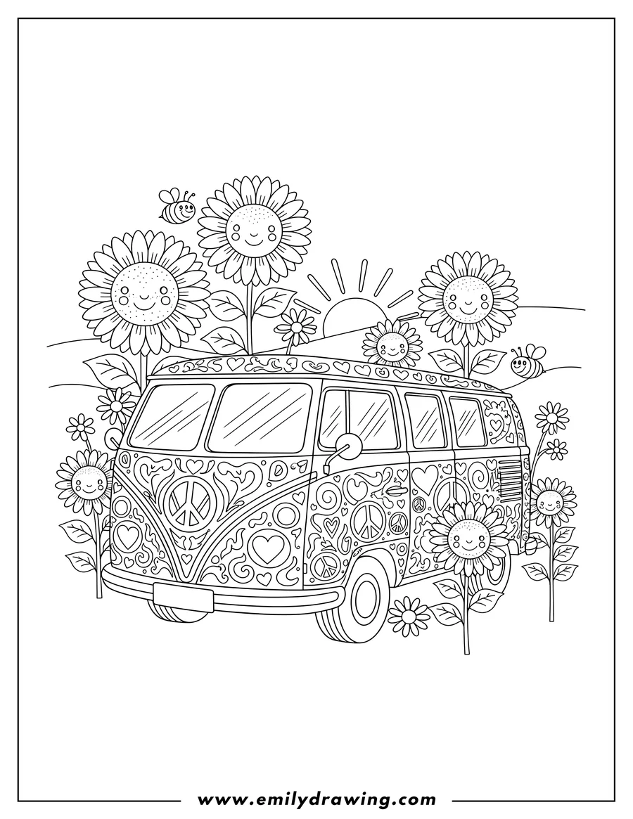 Downloadable coloring page of coloring page: Hippie Volkswagen Bus surrounded by giant sunflowers