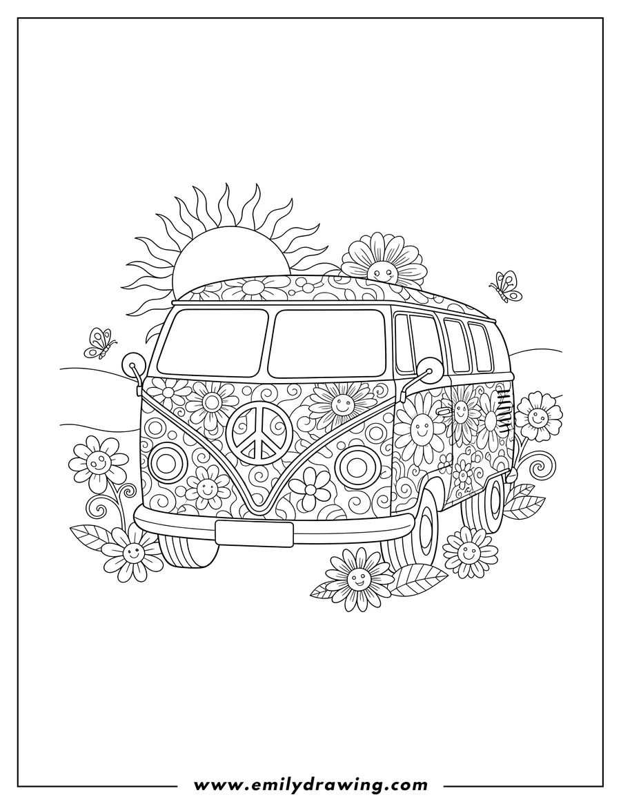 Printable coloring page of hippie Volkswagen Bus with a peace sign and flowers