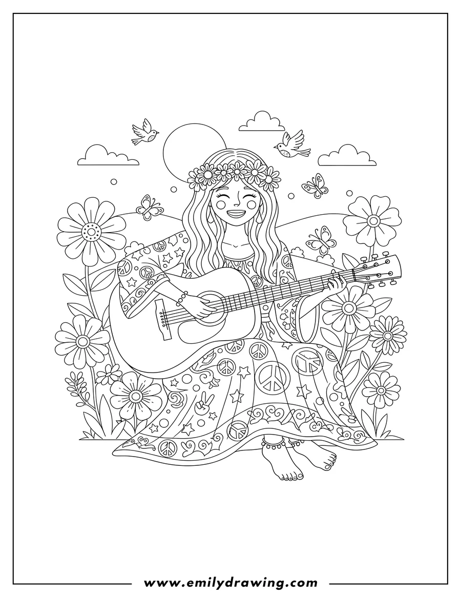 High quality printable hippie Woman with Flower Crown Sitting Cross-Legged Playing Guitar for coloring