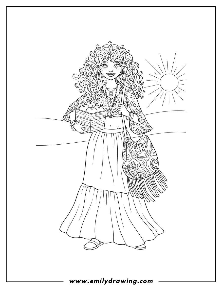Printable line art of hippie Woman with Big Curly Hair, wearing a crop top, carrying a box of apples and a tasseled shoulder bag