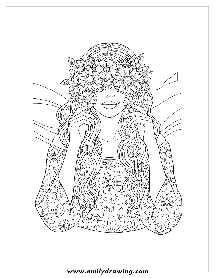 Full page coloring image of hippie Woman with long flowing hair, flowers covering her eyes, and a floral patterned top