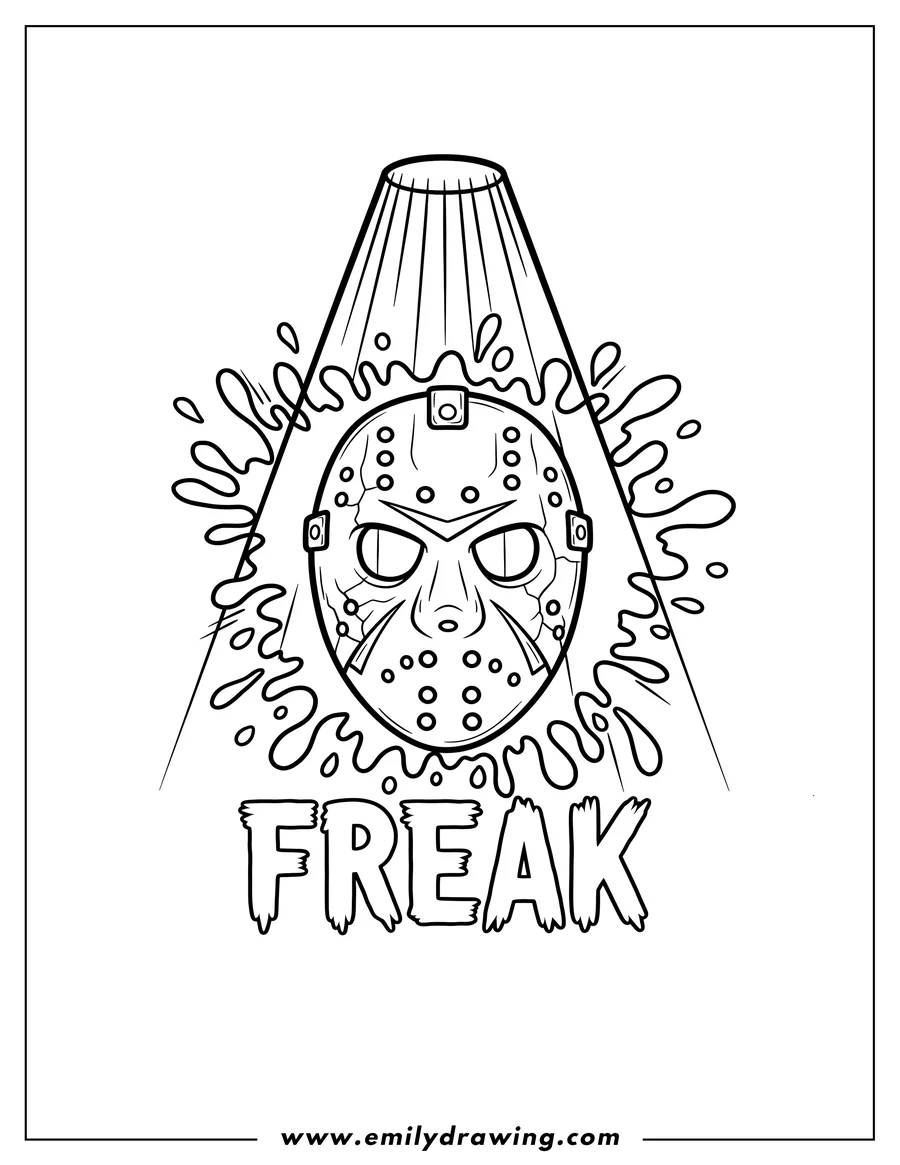 Doodle style coloring picture of sinister Hockey Mask under a spotlight, surrounded by a splash, with jagged 'FREAK' lettering below