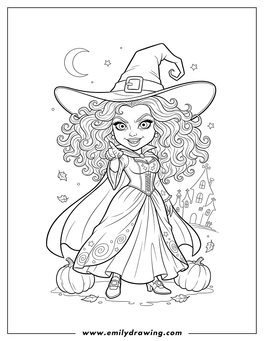 Vector style outline of hocus Pocus Chibi Winifred Sanderson with big curly hair, pointing on Halloween