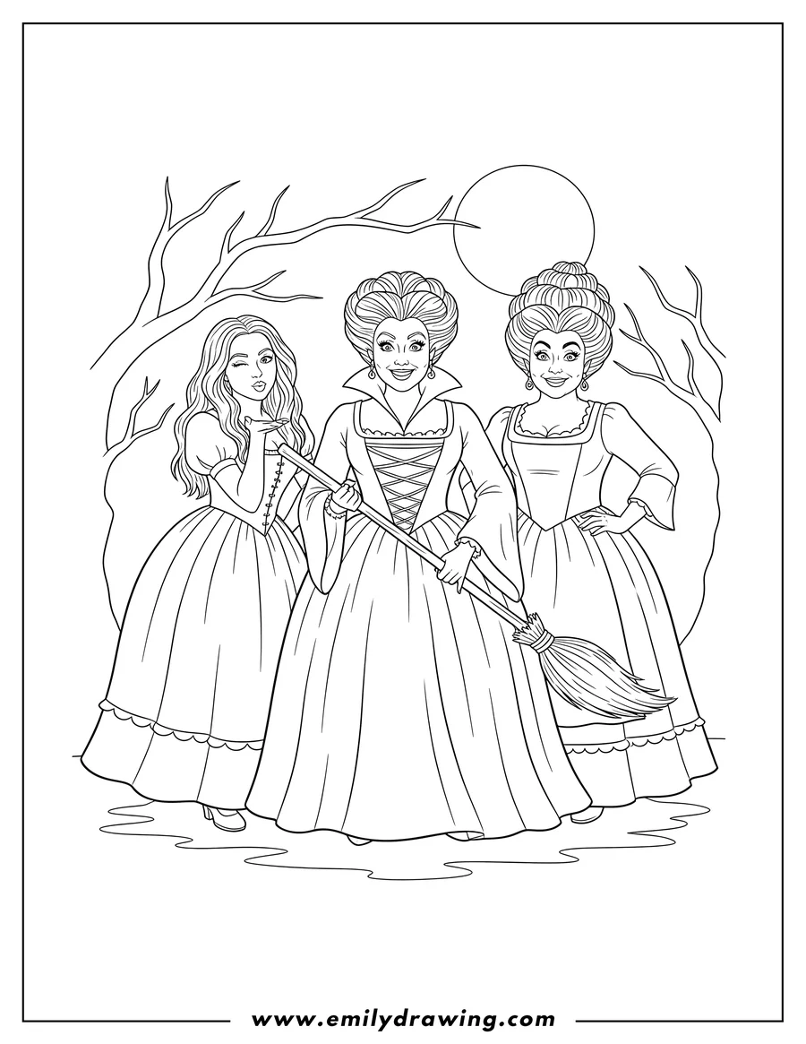 Black and white line art of hocus Pocus Sanderson Witches smiling and posing, with Winifred holding a broomstick