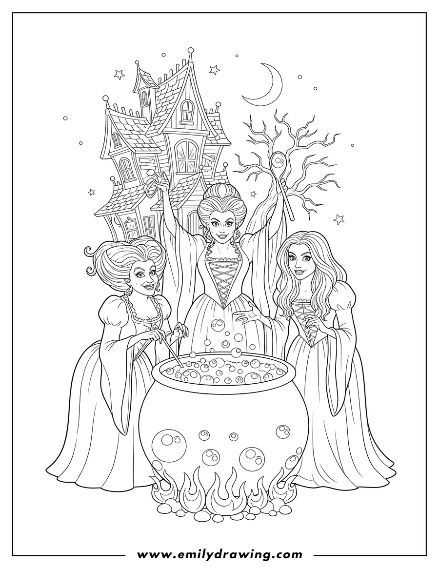 Full page coloring image of hocus Pocus Sanderson Witches stirring a bubbling cauldron with flames, in front of a haunted house