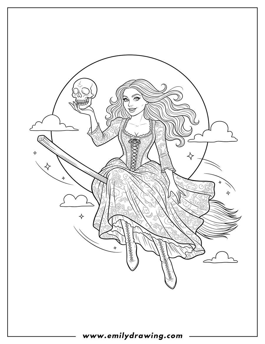 Coloring sheet featuring hocus Pocus Sarah Sanderson sitting on a broom, smirking, and holding a skull in her hand