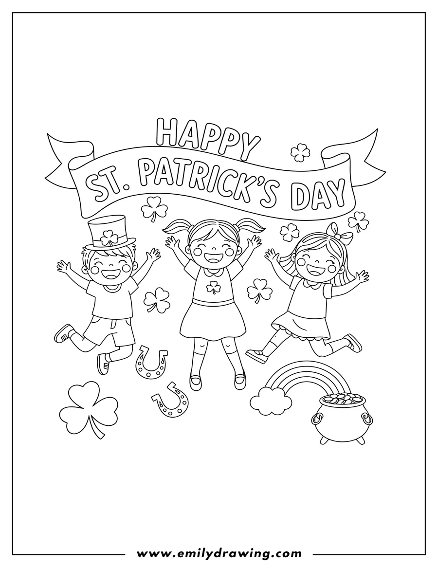Linear illustration of holding St Patrick S Day Banner with three happy kids jumping