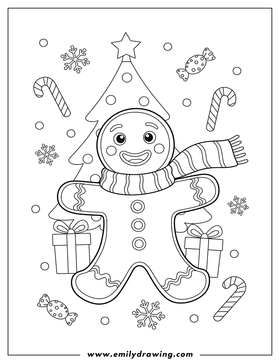 Downloadable coloring page of holiday Gingerbread Man smiling with a scarf and buttons, with a festive background