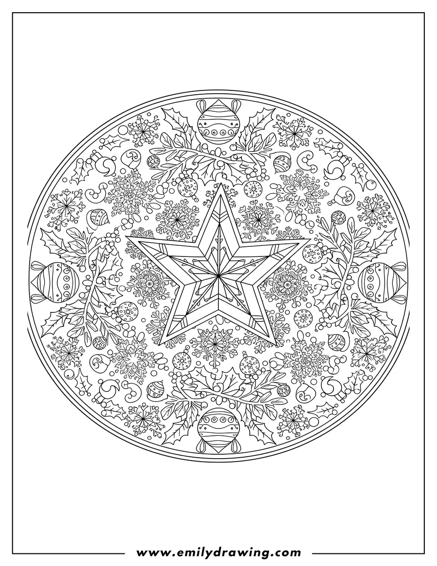 PDF style coloring page: hollies And Mistletoes Christmas Mandala with snowflakes, a central star, and ornaments
