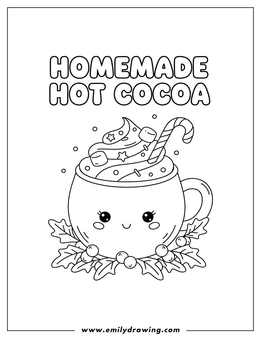Coloring sheet featuring A homemade hot cocoa in a cute smiling mug, topped with whipped cream, sprinkles, and a candy cane, surrounded by mistletoe and the words HOMEMADE HOT COCOA